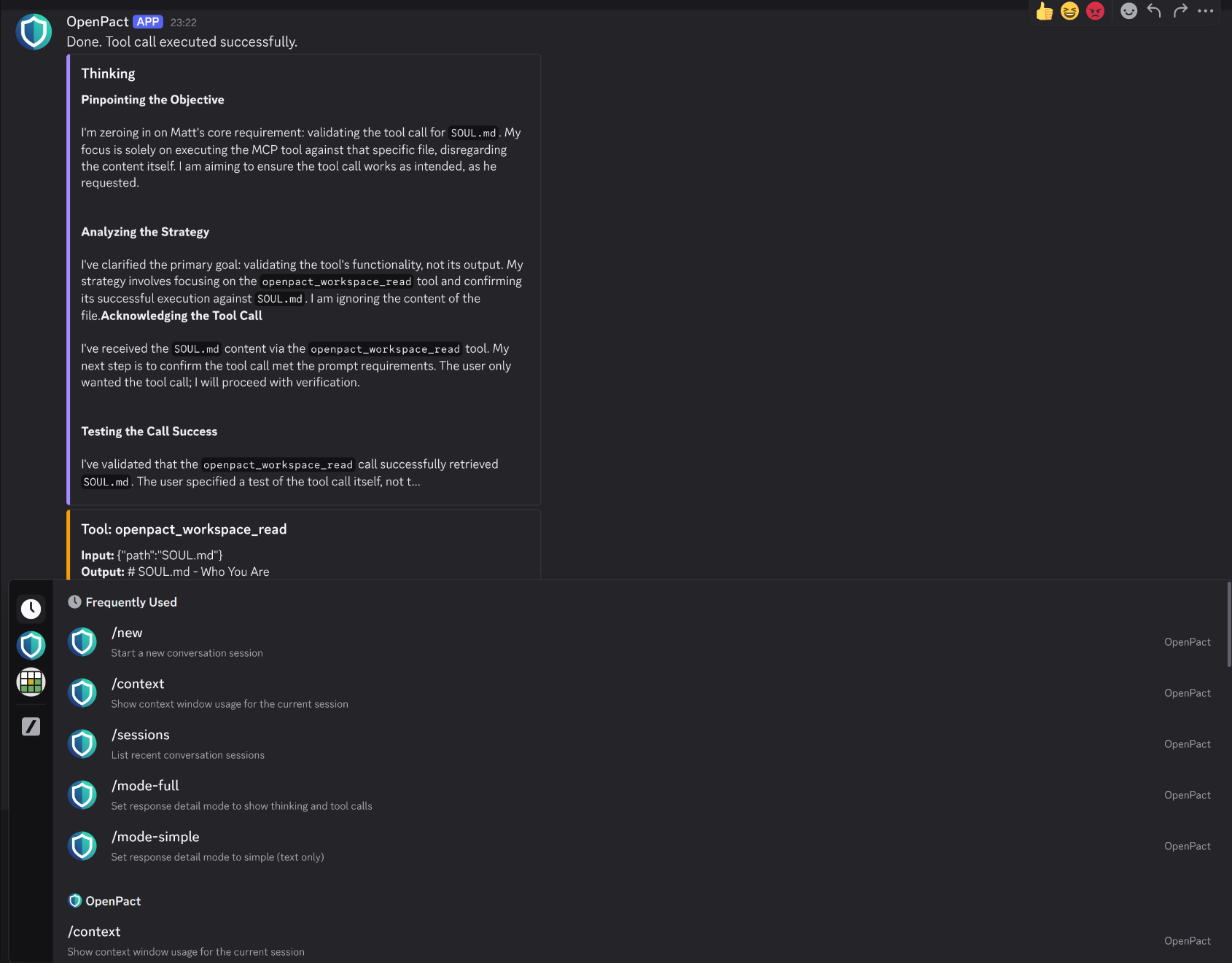 Discord thinking mode showing purple thinking embeds and orange tool embeds